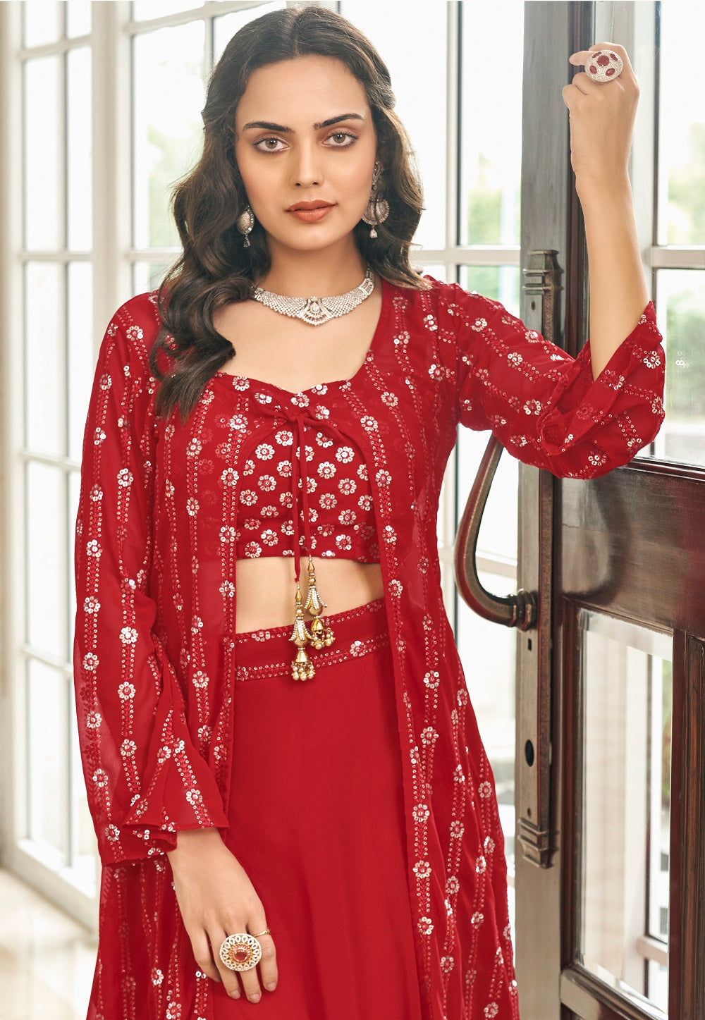 Georgette Embroidered Crop Top Set in Red