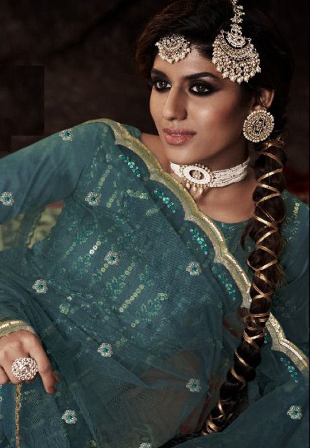 Net Embroidered Pakistani Suit in Teal Blue