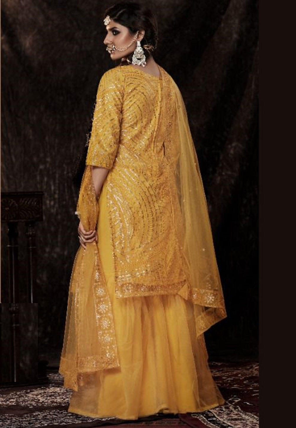 Net Embroidered Pakistani Suit in Yellow