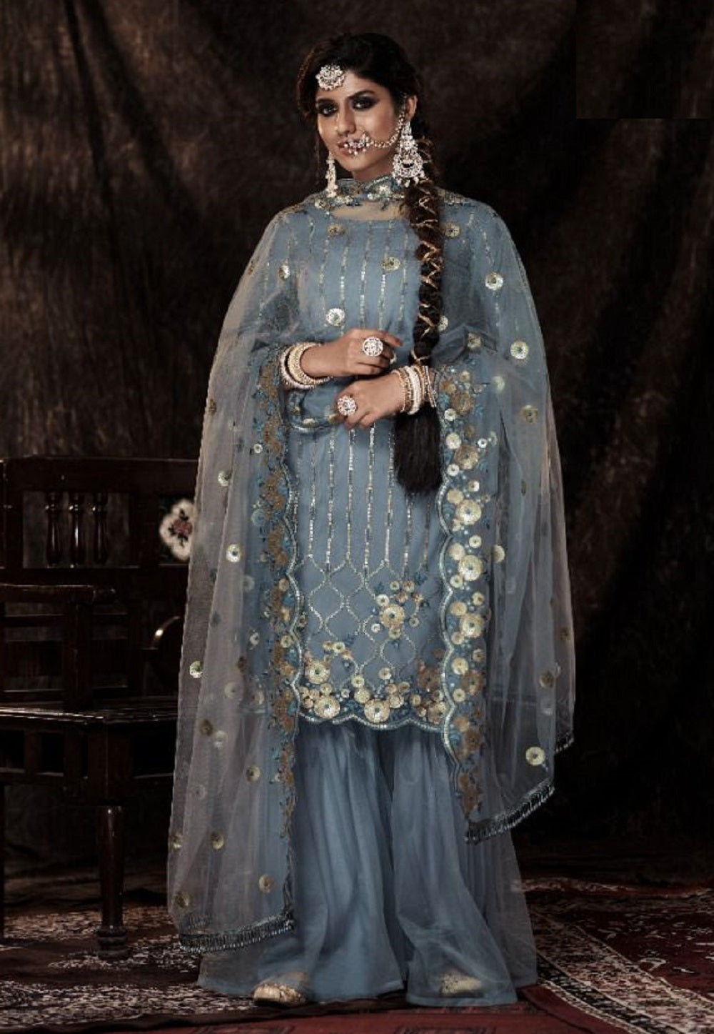 Net Embroidered Pakistani Suit in Grey