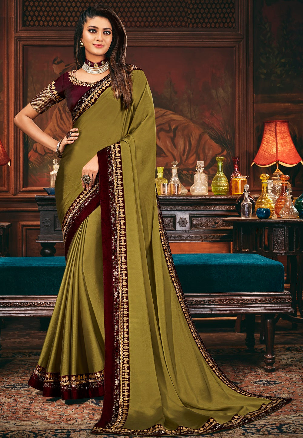 Embroidered Border Art Silk Saree in Olive Green