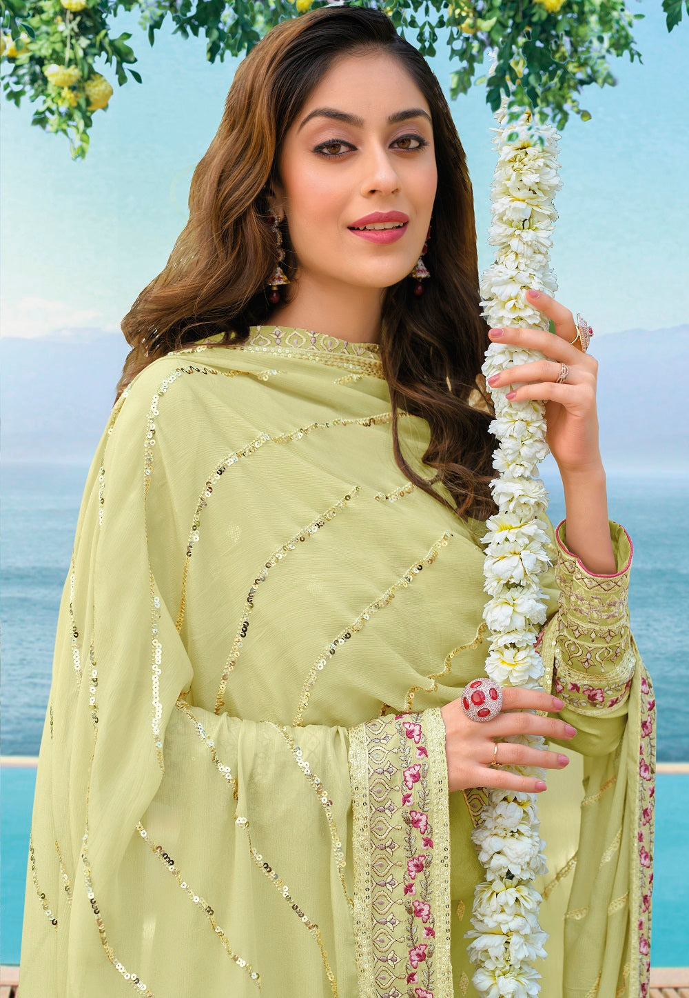 Embroidered Georgette Pakistani Suit in Light Green