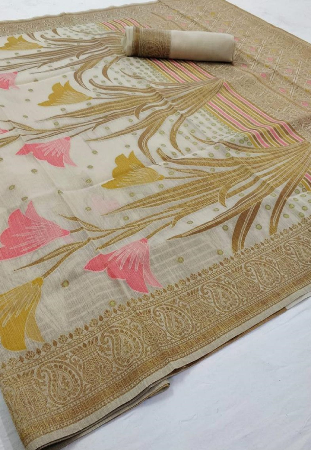 Woven Linen Silk Saree in Beige