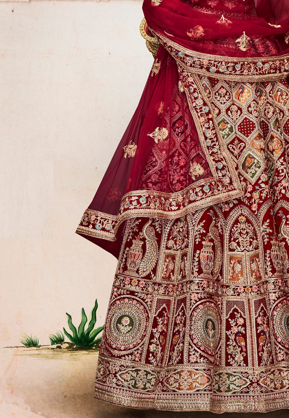 Velvet Embroidered Lehenga in Maroon