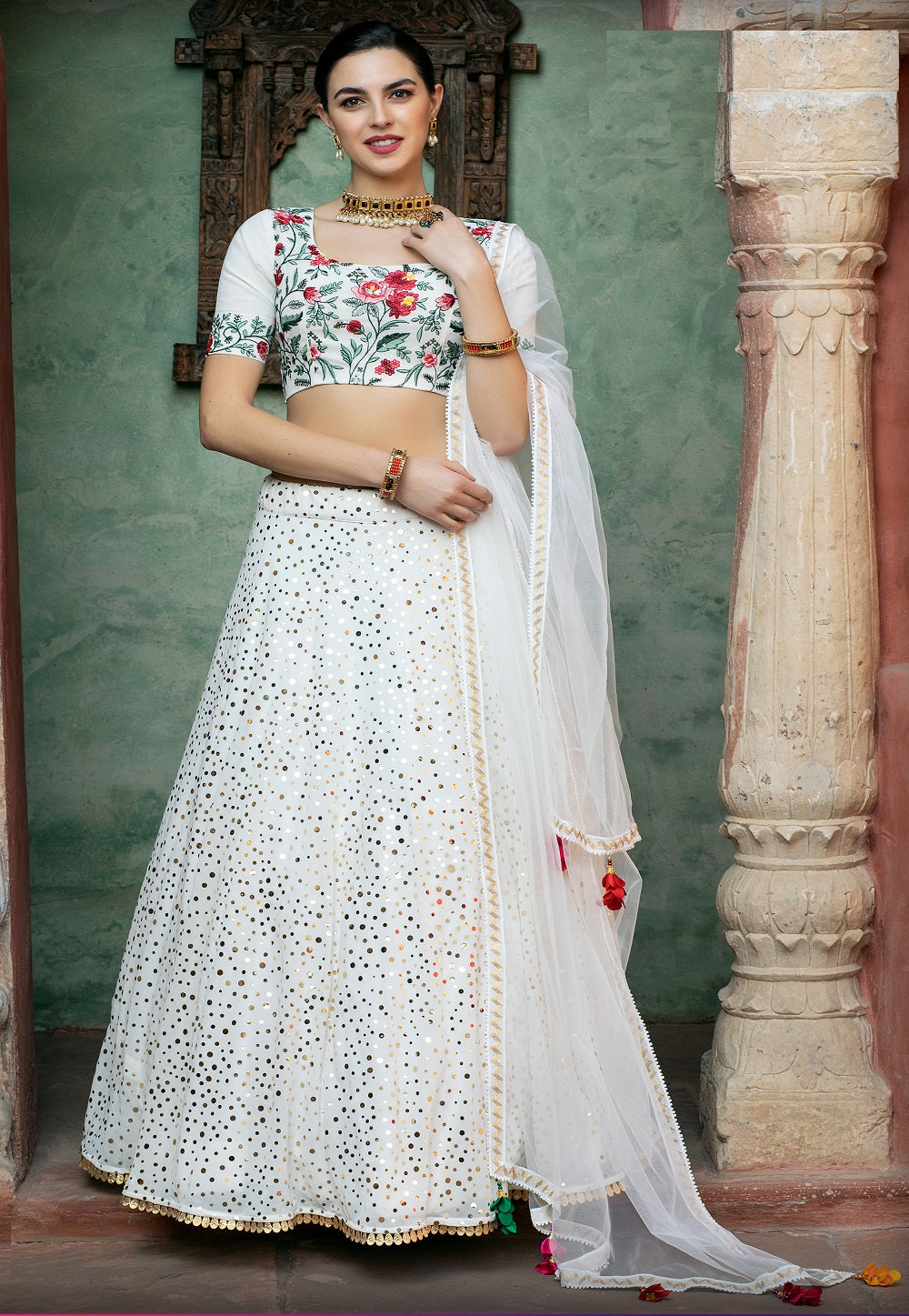 Rubber Printed Georgette Lehenga in Off White
