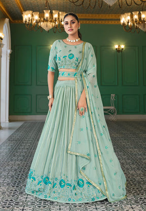 Georgette Embroidered Lehenga in Sky Green