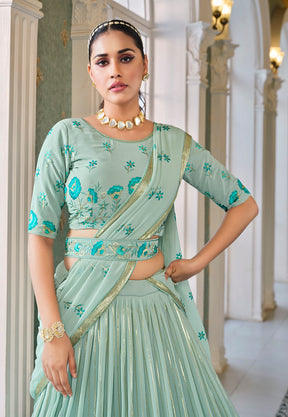 Georgette Embroidered Lehenga in Sky Green