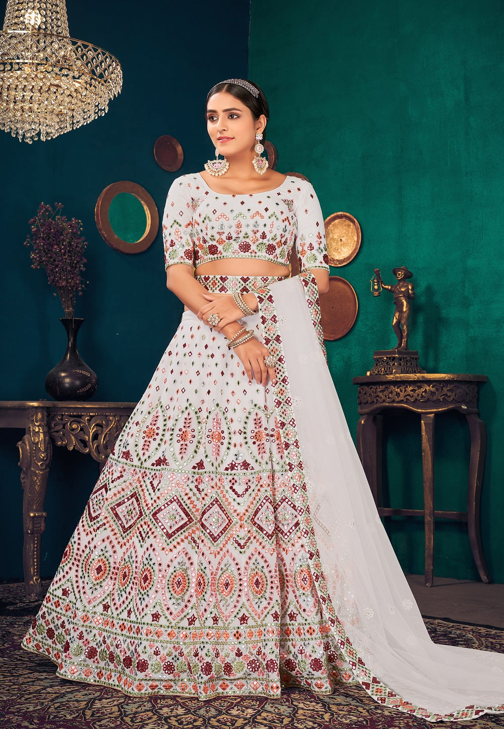 Embroidered Georgette Lehenga in White