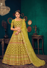 Embroidered Georgette Lehenga in Olive Green