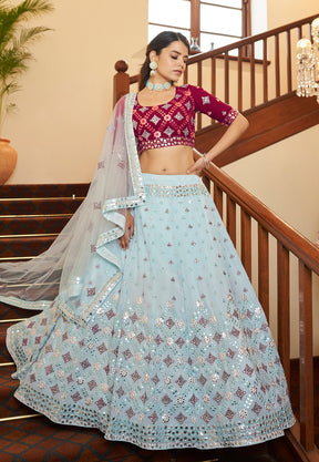 Embroidered Georgette Lehenga in Sky Blue