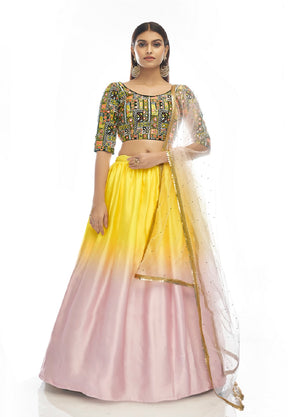 Satin Georgette Embroidered Lehenga in Shaded Yellow & Pink