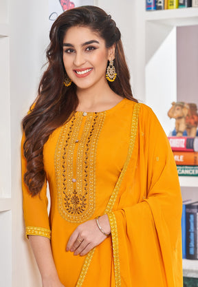 Embroidered Georgette Straight Suit in Mustard