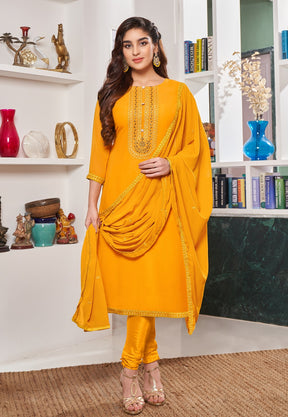 Embroidered Georgette Straight Suit in Mustard