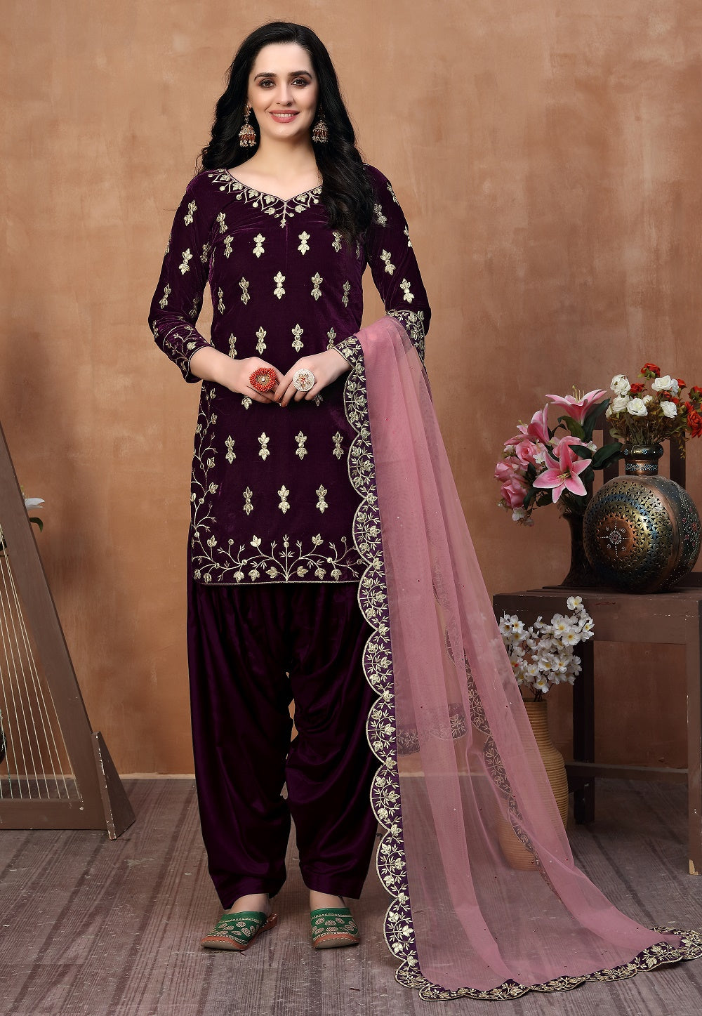 Embroidered Velvet Punjabi Suit in Violet