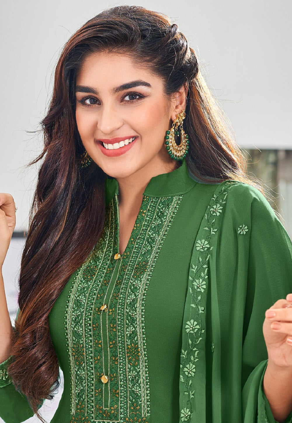 Embroidered Georgette Straight Suit in Green