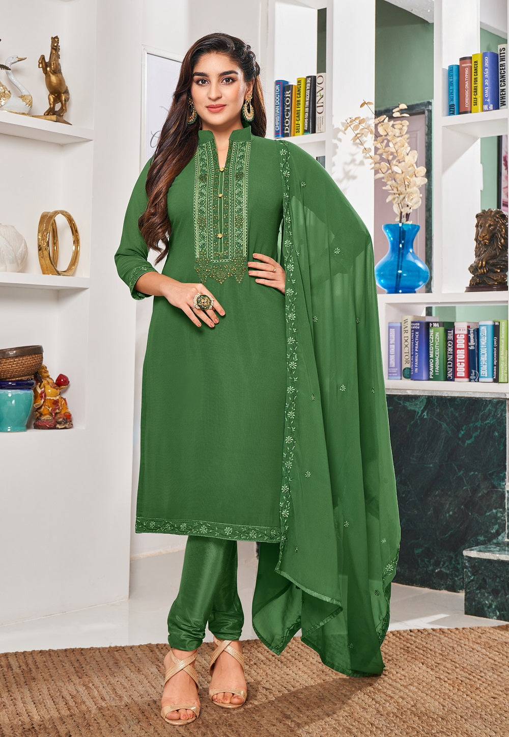 Embroidered Georgette Straight Suit in Green