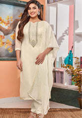 Embroidered Georgette Straight Suit in Off White