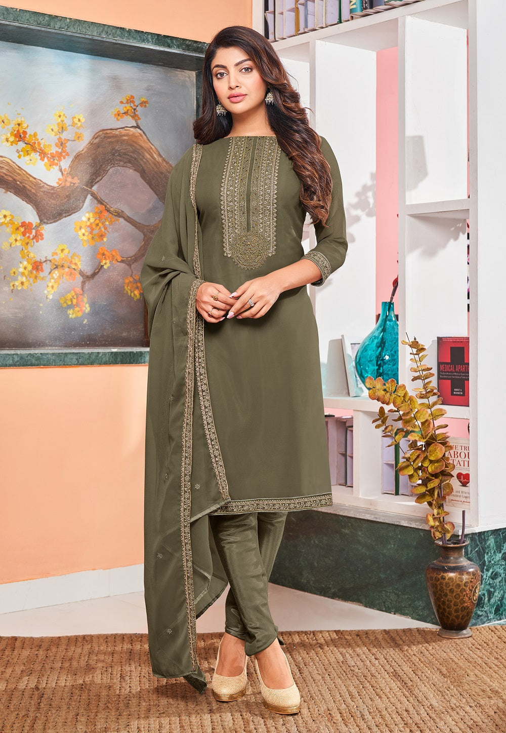 Embroidered Georgette Straight Suit in Grey