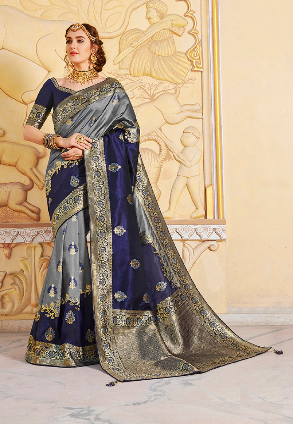 Woven Art Silk Saree in Grey and Blue