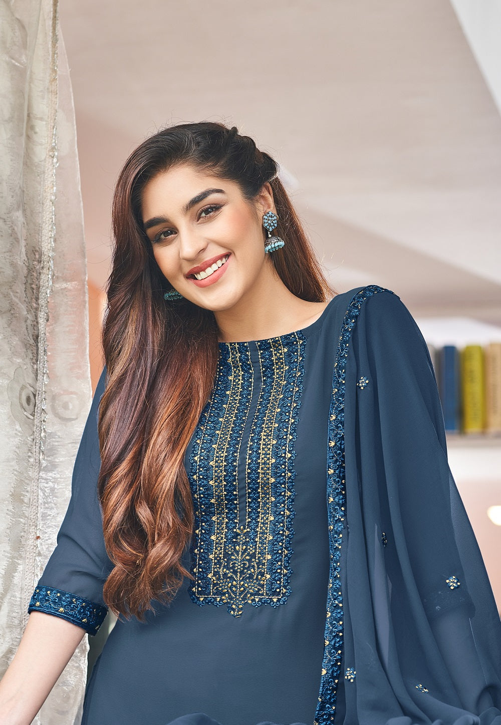 Embroidered Georgette Straight Suit in Navy Blue