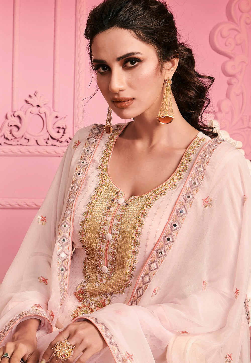 Embroidered Georgette Pakistani Suit in Baby Pink