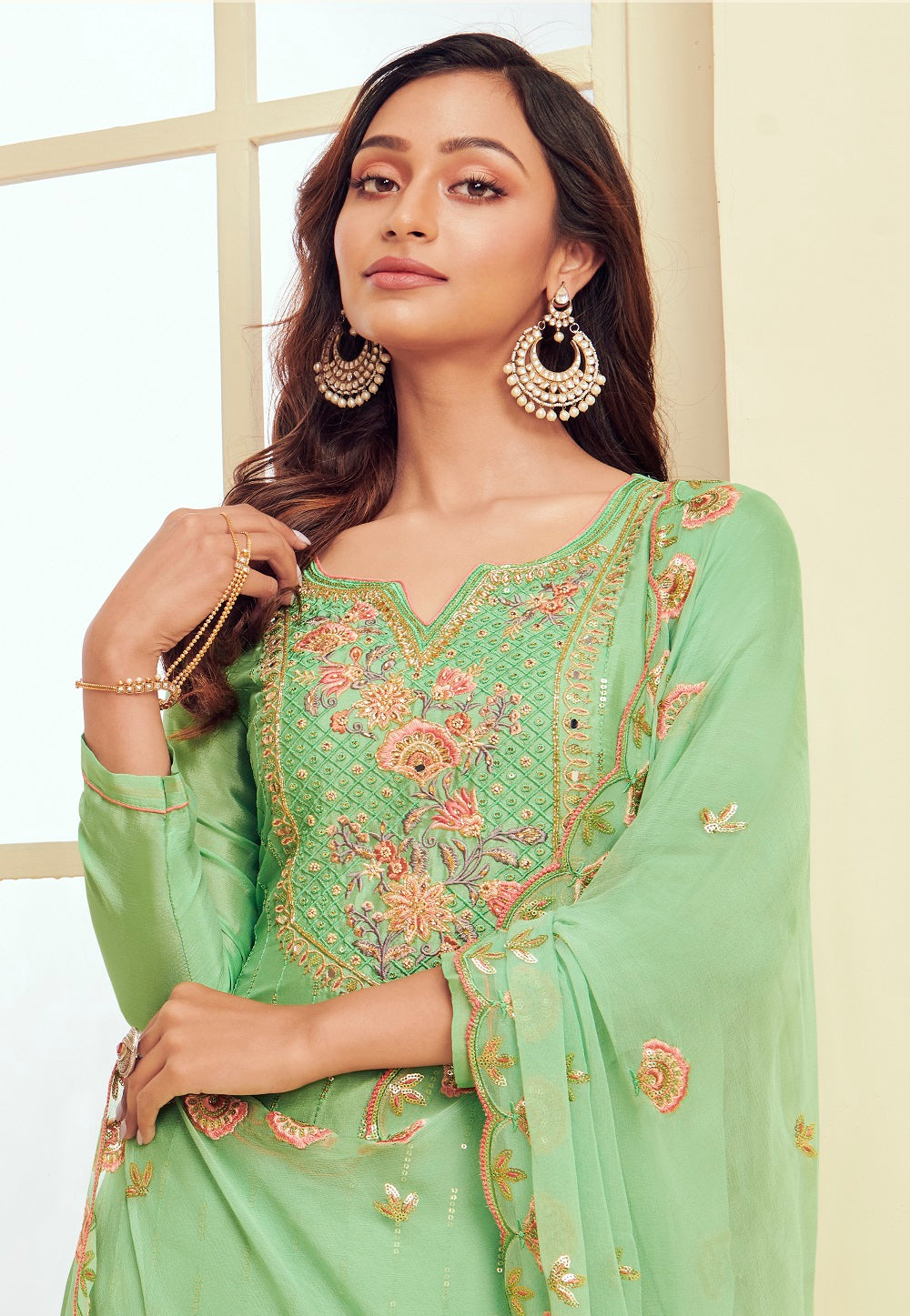 Hand Embroidered Georgette Pakistani Suit in Sea Green