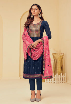 Hand Embroidered Georgette Pakistani Suit in Navy Blue