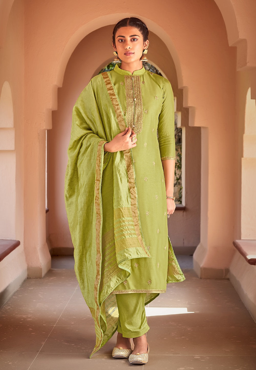 Art Silk Pakistani Suit in Olive Green