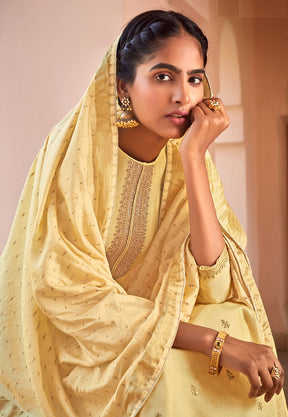 Art Silk Pakistani Suit in Light Yellow