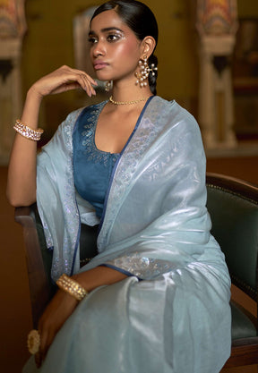 Organza  Embroidered Saree in Sky Blue