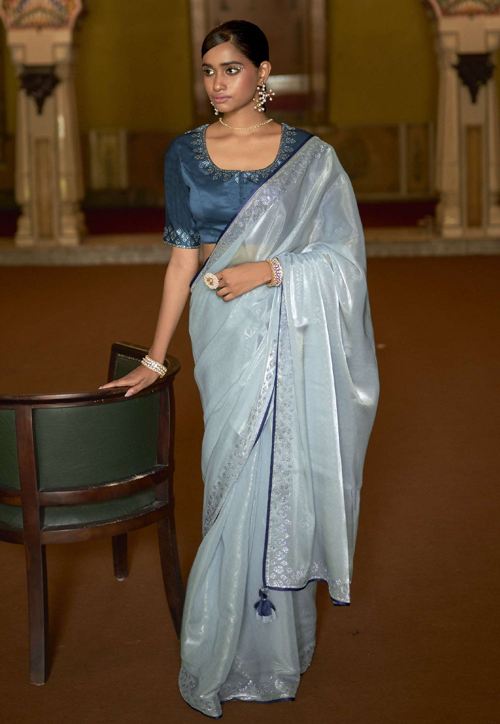Organza  Embroidered Saree in Sky Blue
