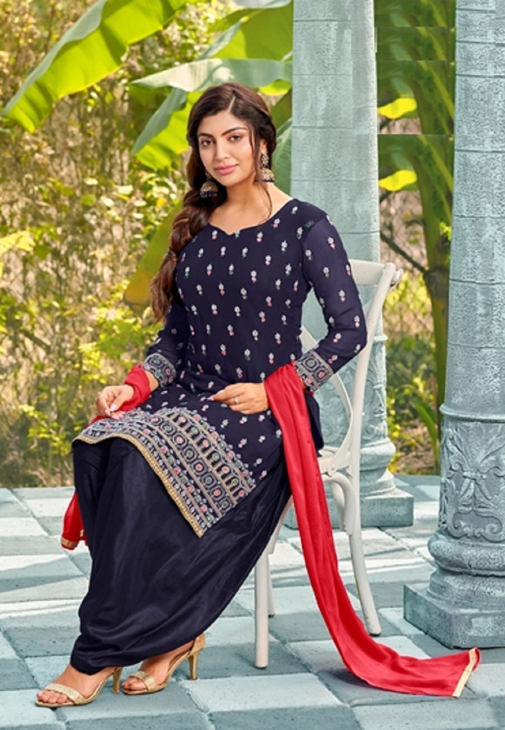 Georgette Embroidered Punjabi Style Suit in Navy Blue