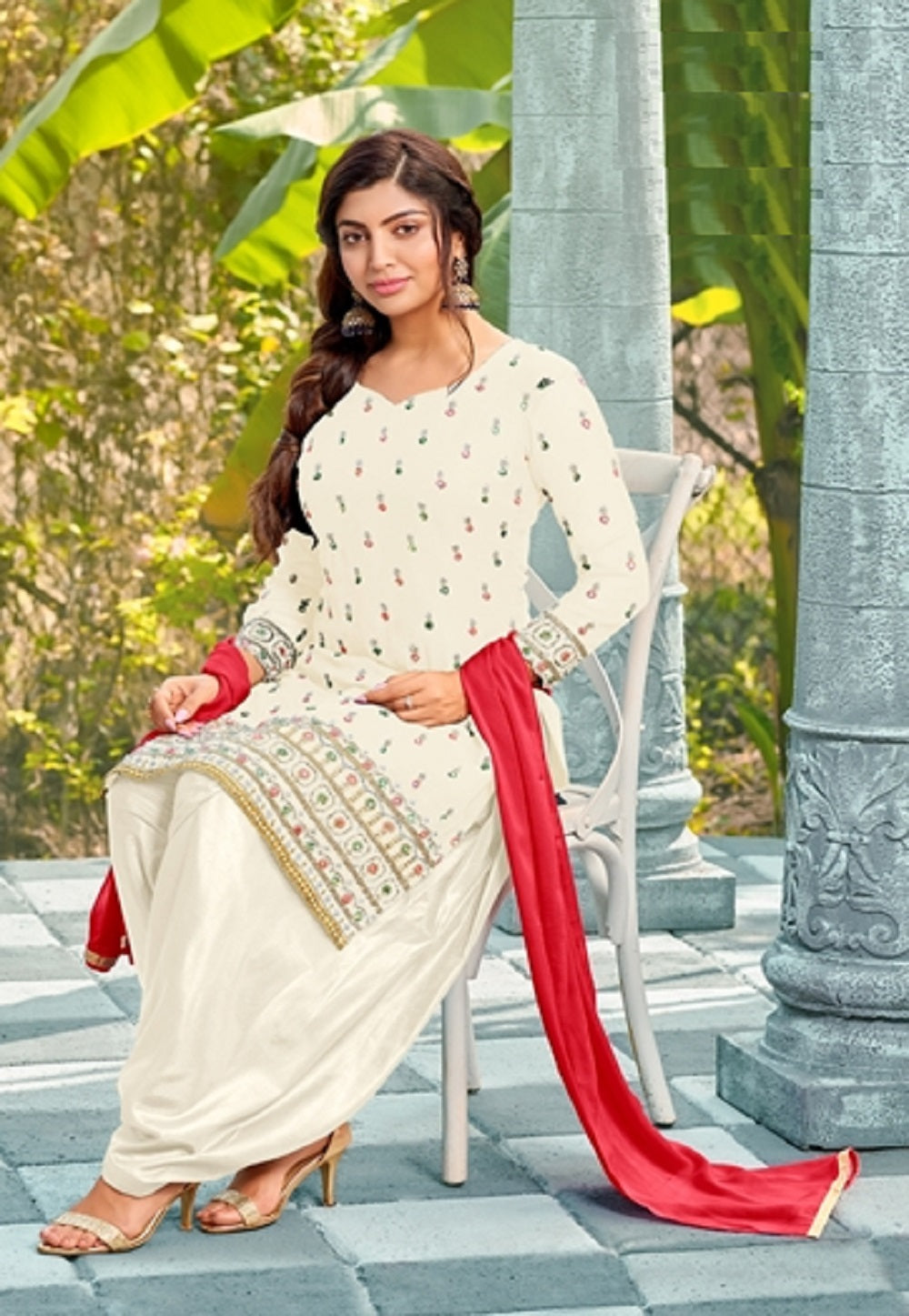 Georgette Embroidered Punjabi Style Suit in White