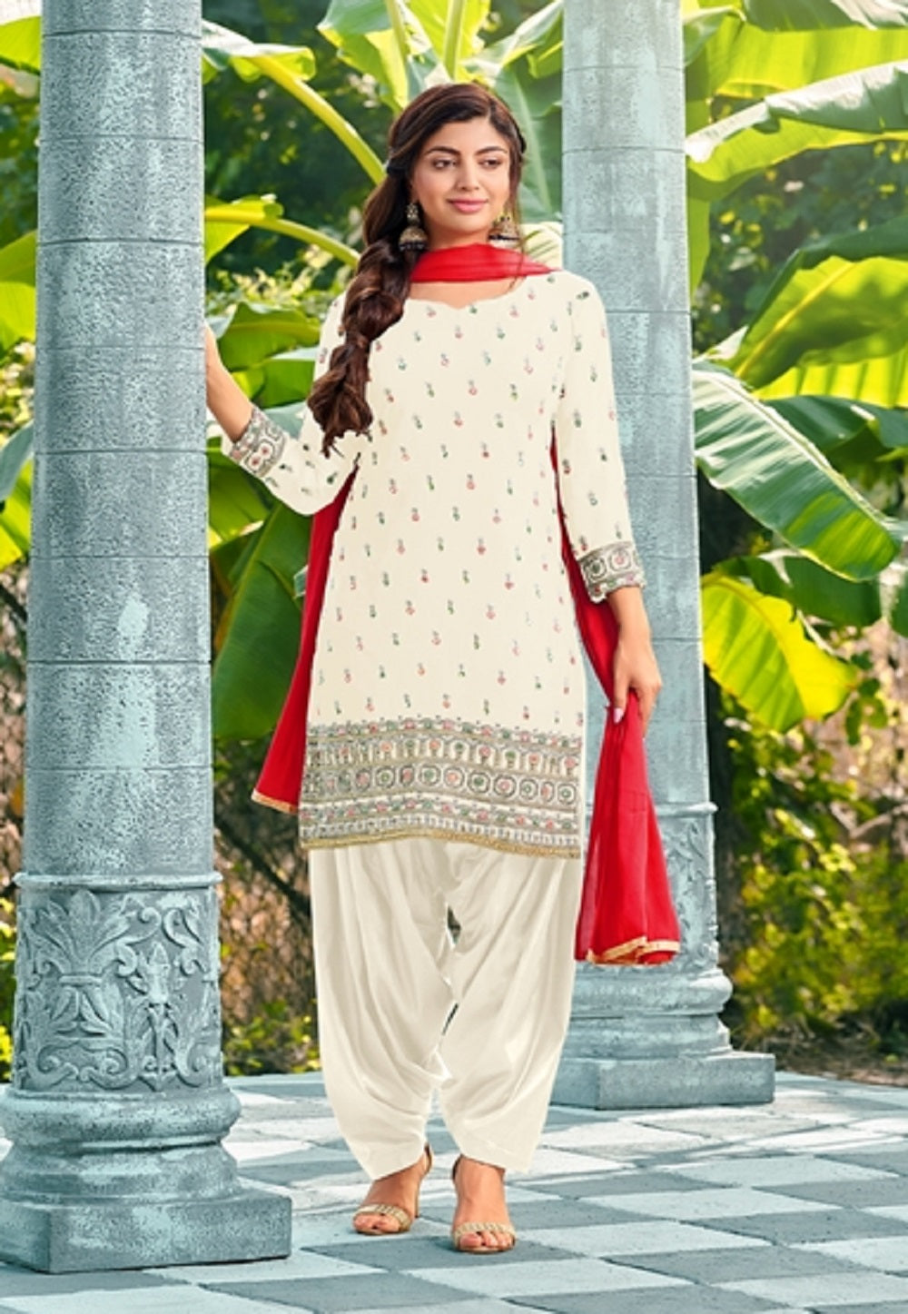 Georgette Embroidered Punjabi Style Suit in White