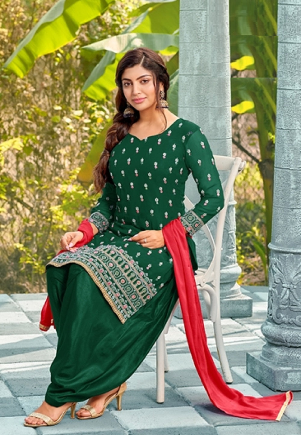 Georgette Embroidered Punjabi Style Suit in Green