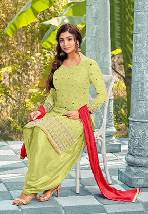 Georgette Embroidered Punjabi Style Suit in Light Green