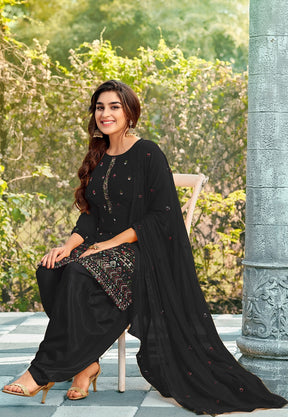 Georgette Embroidered Punjabi Suit in Black