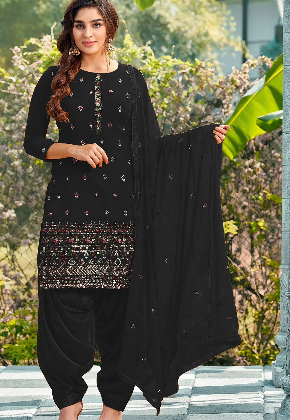 Georgette Embroidered Punjabi Suit in Black