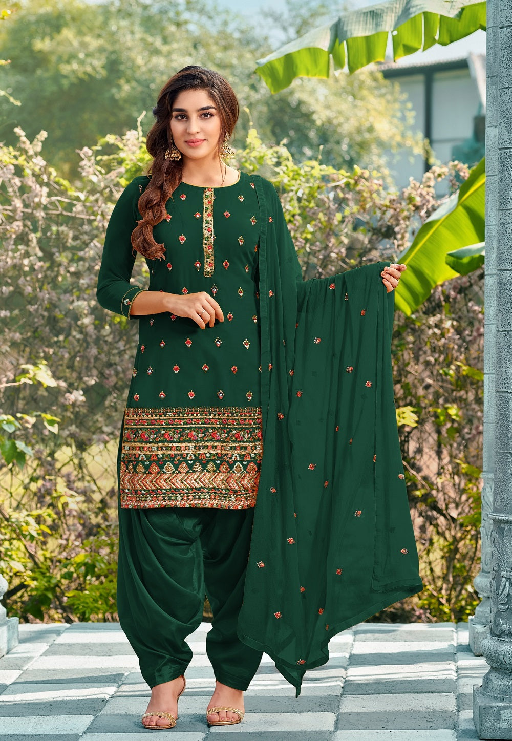 Georgette Embroidered Punjabi Suit in Dark Green