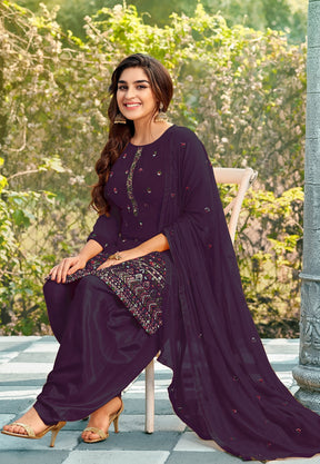 Georgette Embroidered Punjabi Suit in Purple