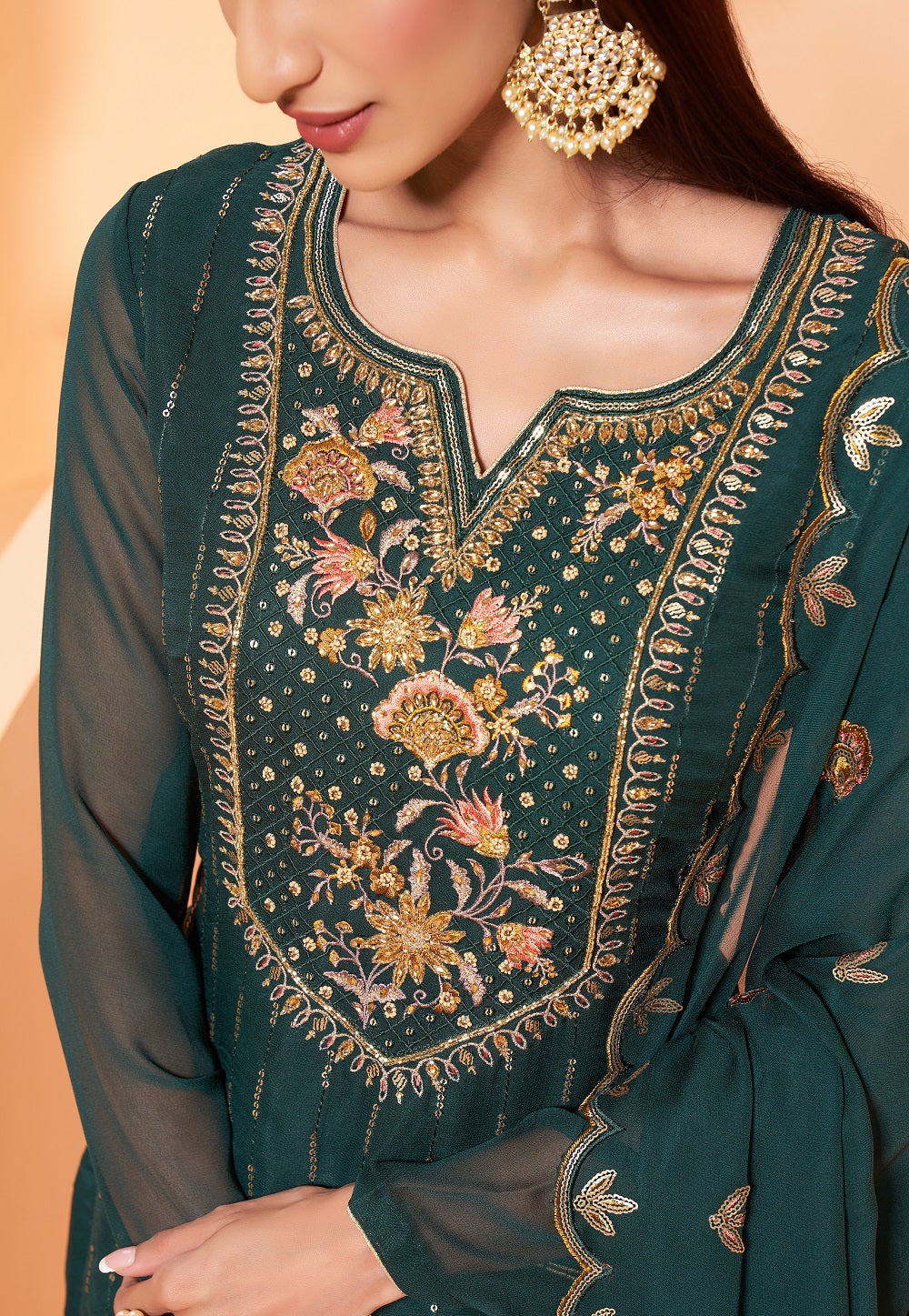 Embroidered Georgette Pakistani Suit in Dark Green