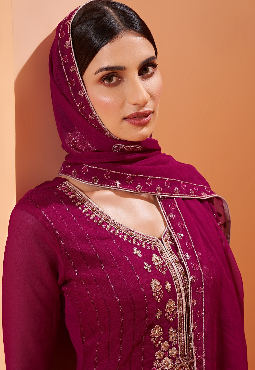 Embroidered Georgette Pakistani Suit in Magenta