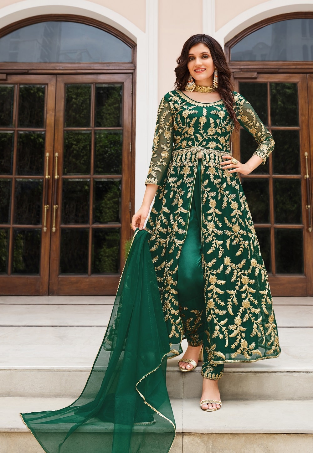 Net Embroidered Pakistani Suit in Teal Green