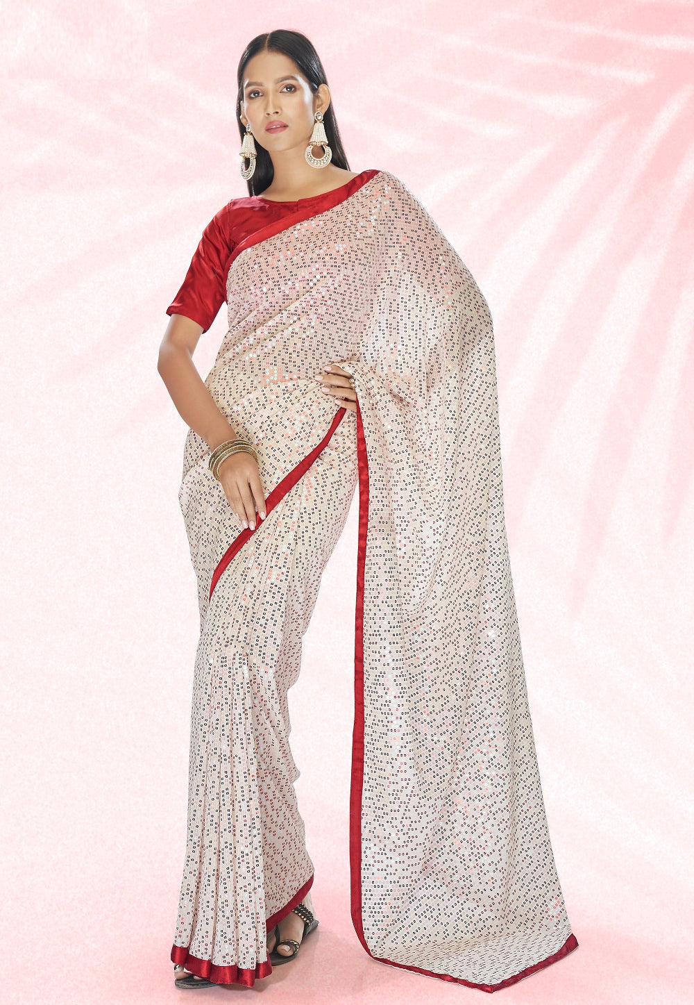 Sequined Georgette Saree in Off White
