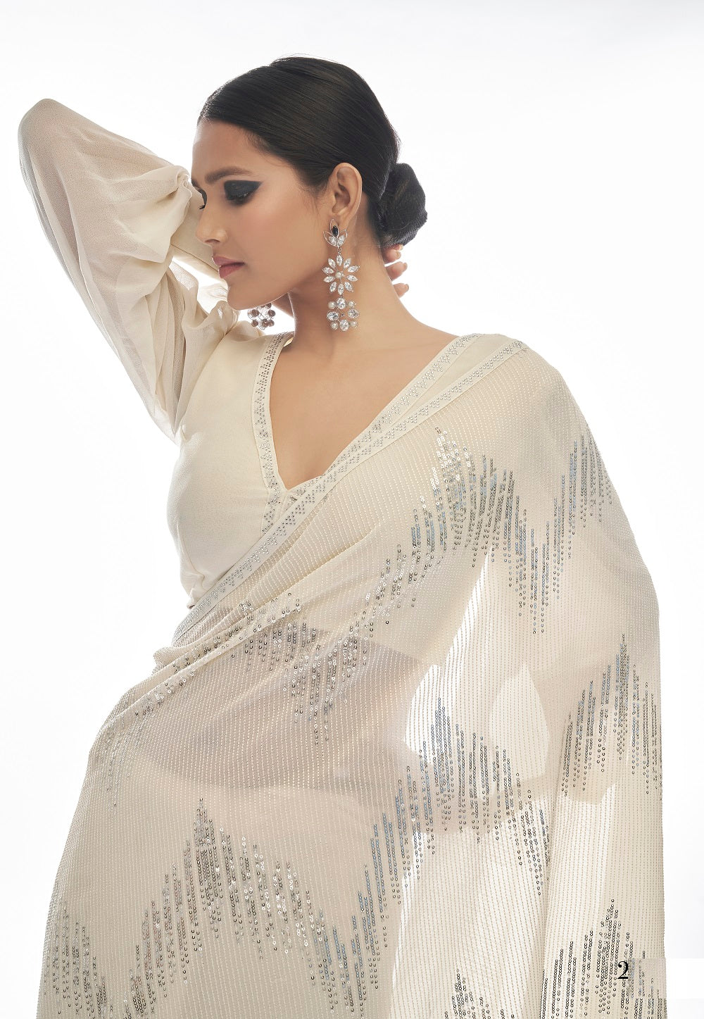 Georgette Sequined Saree in Off White