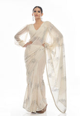 Georgette Sequined Saree in Off White