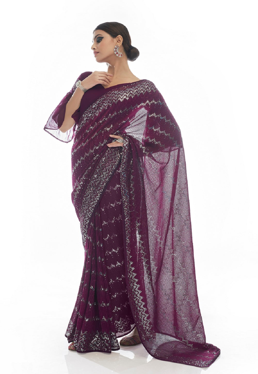 Georgette Sequined Saree in Purple