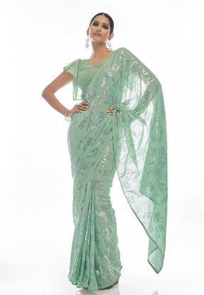 Georgette Sequined Saree in Sea Green