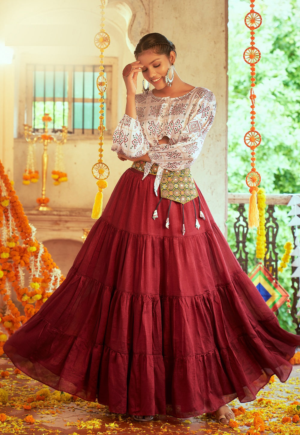 Art Silk Embroidered Crop Top and Tiered Skirt Set in Maroon