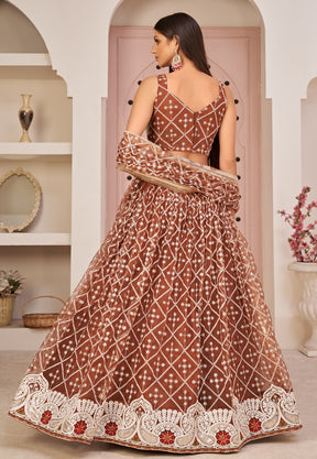 Embroidered Net Lehenga in Brown
